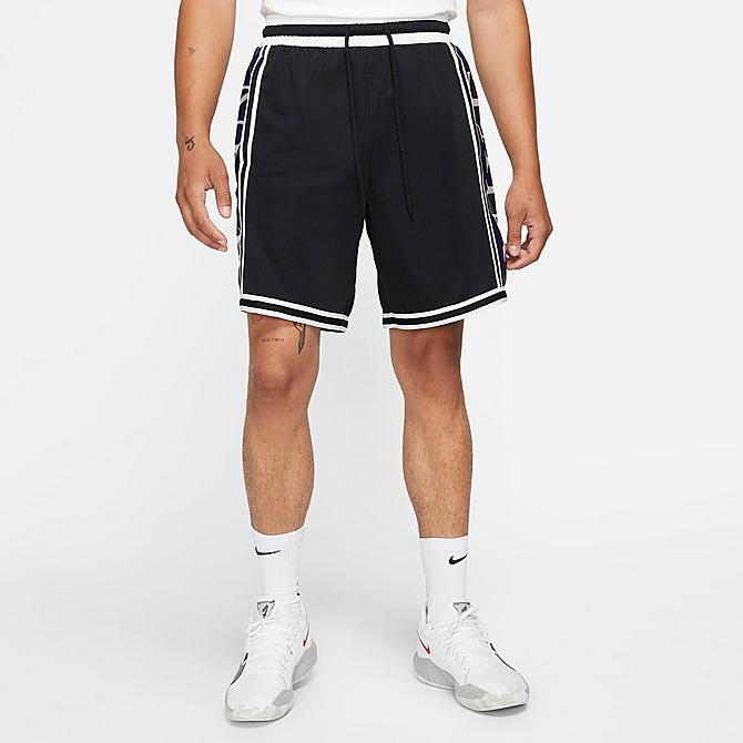 Front Three Quarter view of Men's Nike Dri-FIT DNA+ Basketball Shorts in Black/Court Purple/Black Click to zoom