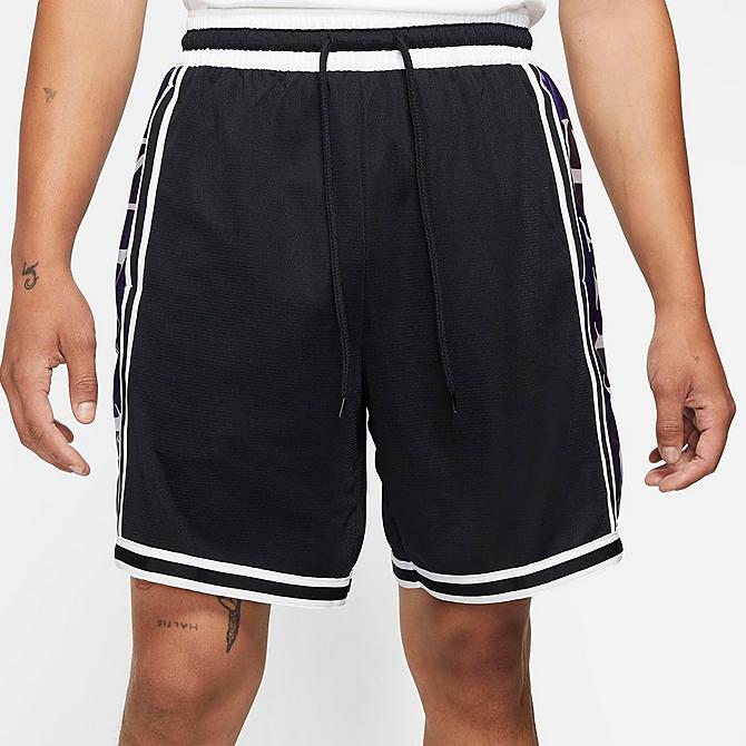 Back Left view of Men's Nike Dri-FIT DNA+ Basketball Shorts in Black/Court Purple/Black Click to zoom