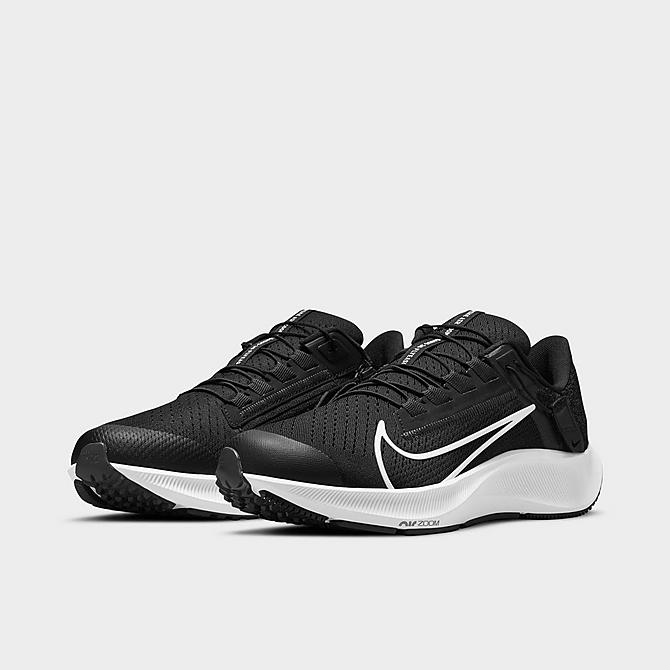 Three Quarter view of Women's Nike Air Zoom Pegasus 38 FlyEase Running Shoes in Black/Anthracite/Volt/White Click to zoom