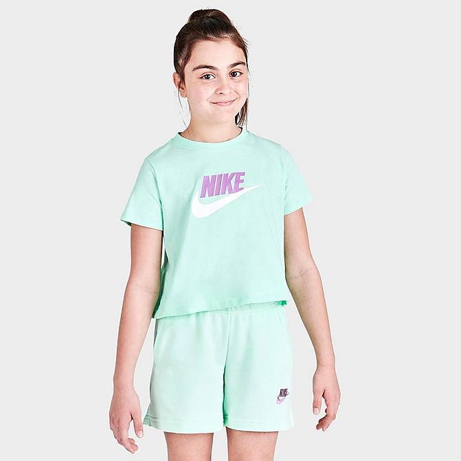 Front view of Girls' Nike Sportswear Cropped Futura T-Shirt in Mint Foam Click to zoom