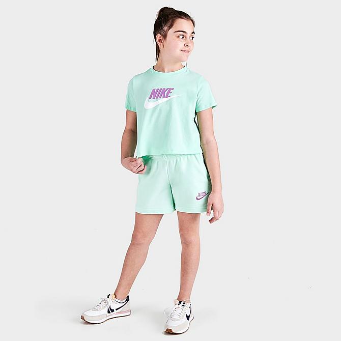 Front Three Quarter view of Girls' Nike Sportswear Cropped Futura T-Shirt in Mint Foam Click to zoom