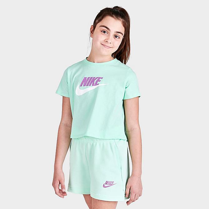 Back Left view of Girls' Nike Sportswear Cropped Futura T-Shirt in Mint Foam Click to zoom