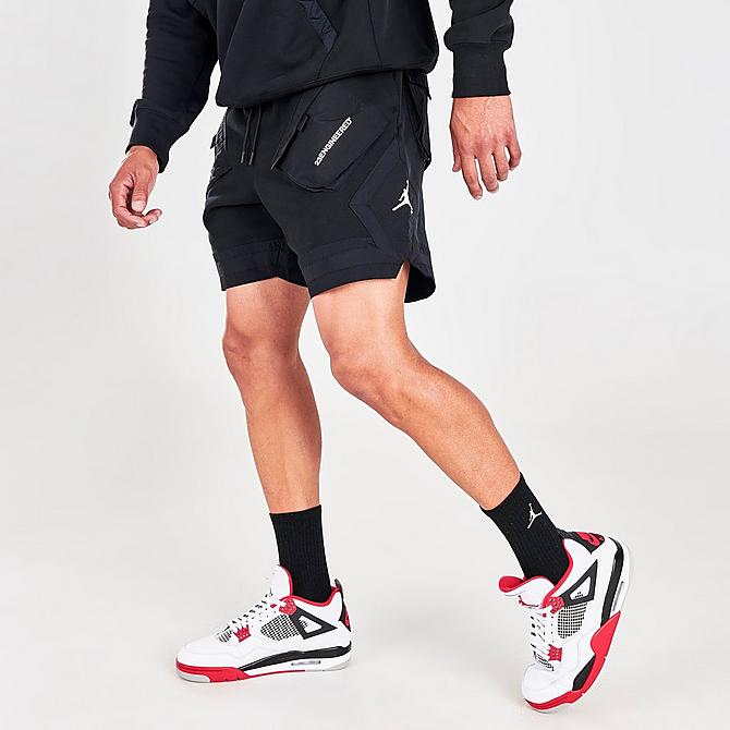 Front Three Quarter view of Men's Jordan 23 Engineered Fleece Shorts in Black/Black/White Click to zoom