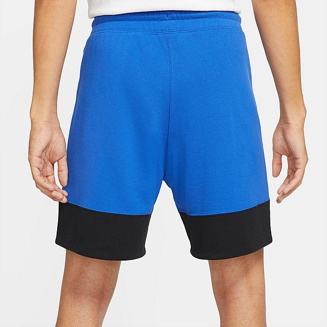 Front Three Quarter view of Men's Jordan Jumpman Logo Fleece Shorts in Game Royal/White/Black Click to zoom