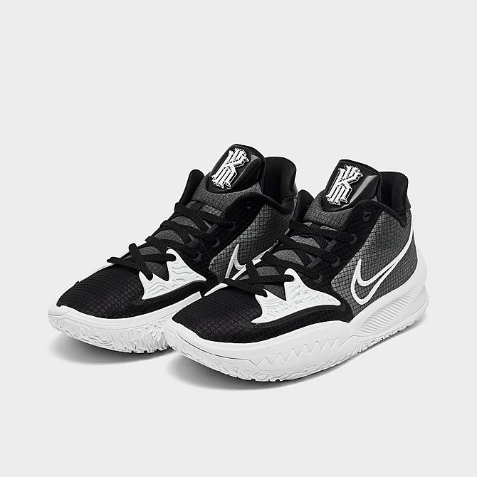 Three Quarter view of Nike Kyrie 4 Low (Team) Basketball Shoes in Black/Black/White Click to zoom
