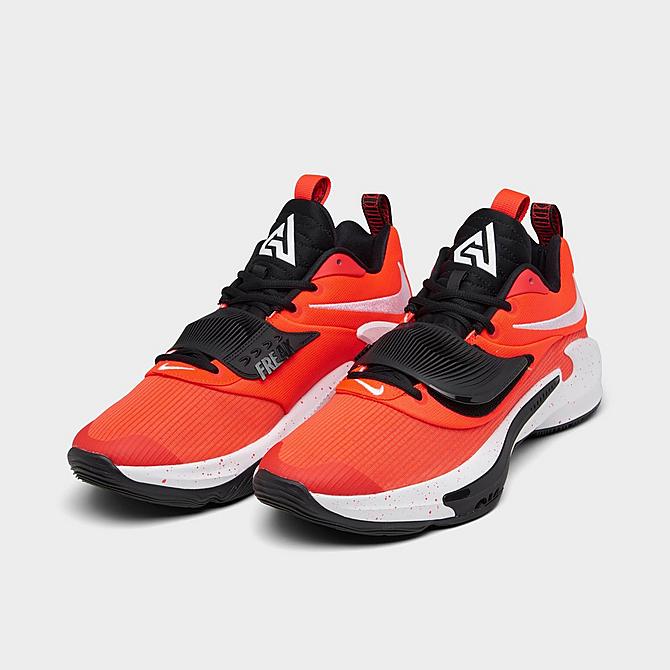Three Quarter view of Nike Zoom Freak 3 (Team) Basketball Shoes in Bright Crimson/White/Black Click to zoom