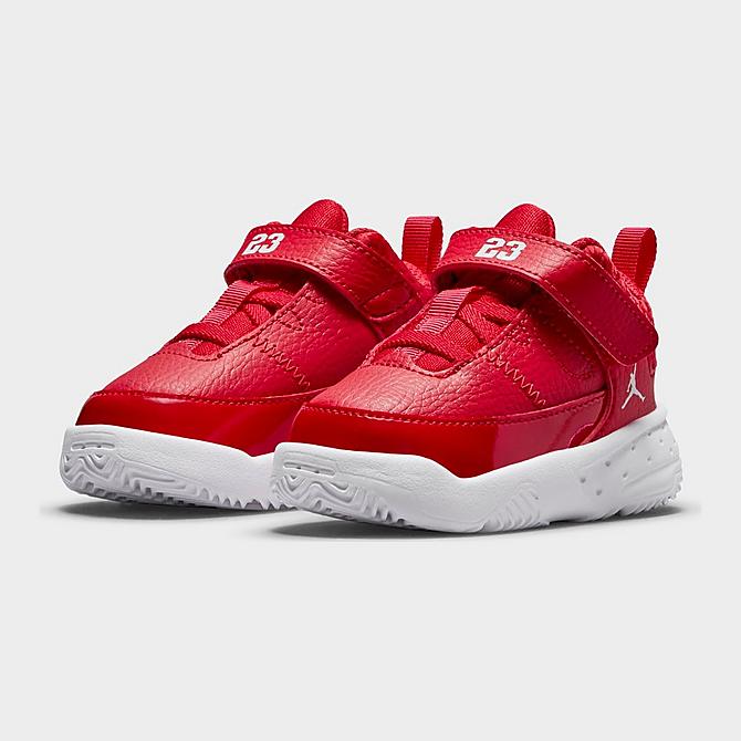 Three Quarter view of Boys' Toddler Jordan Max Aura 3 Basketball Shoes in University Red/White Click to zoom