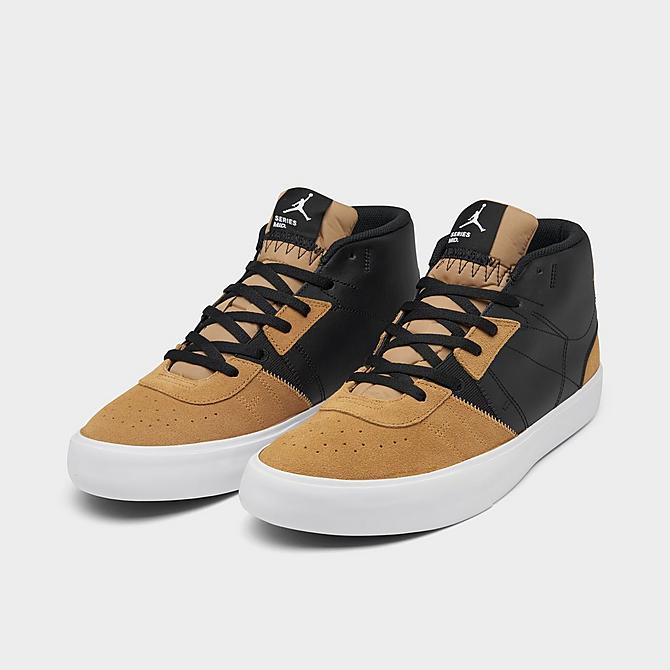 Three Quarter view of Men's Jordan Series Mid Casual Shoes in Black/White/Elemental Gold/Washed Teal/Gum Light Brown Click to zoom