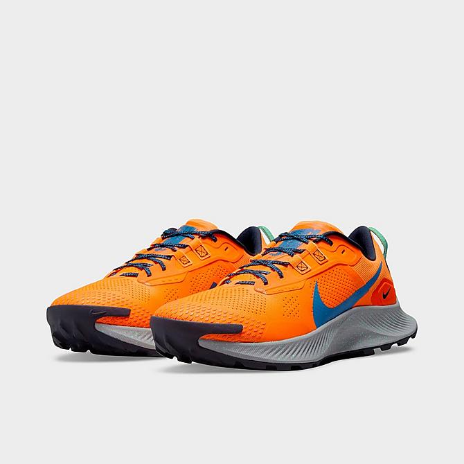Three Quarter view of Men's Nike Pegasus Trail 3 Running Shoes in Total Orange/Signal Blue/Wolf Grey/Obsidian/Green Glow Click to zoom