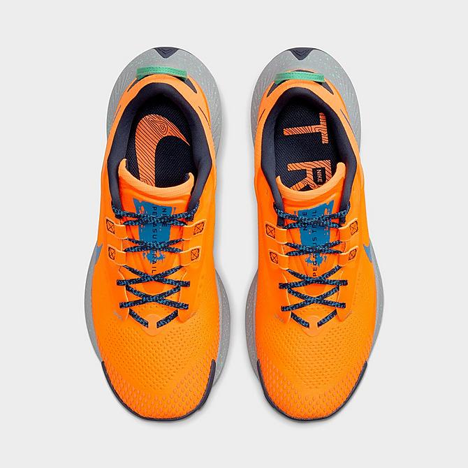 Back view of Men's Nike Pegasus Trail 3 Running Shoes in Total Orange/Signal Blue/Wolf Grey/Obsidian/Green Glow Click to zoom