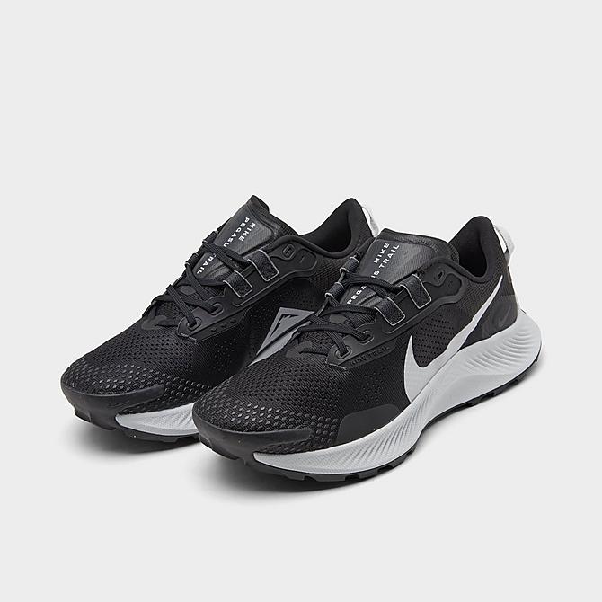 Three Quarter view of Women's Nike Pegasus Trail 3 Running Shoes in Black/Dark Smoke Grey/Pure Platinum Click to zoom
