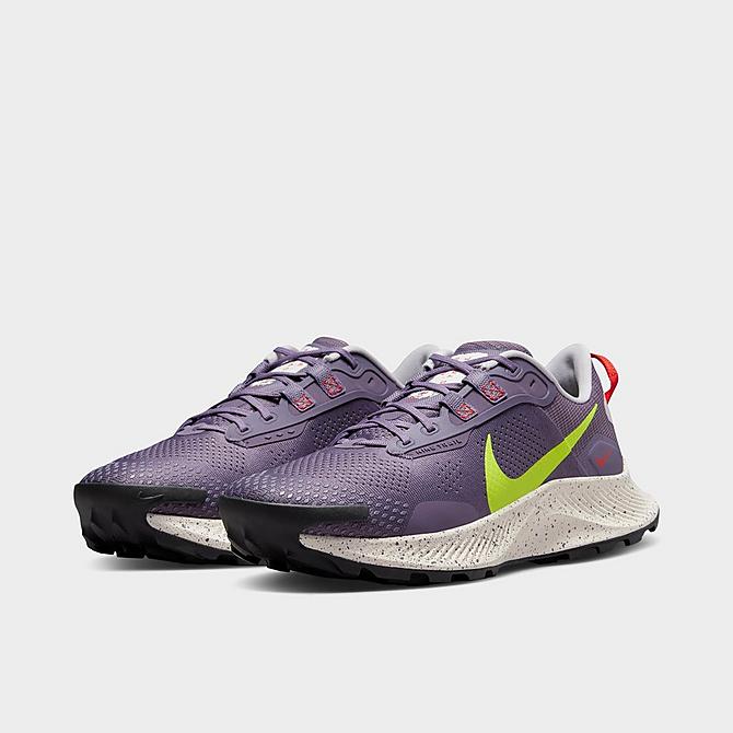 Three Quarter view of Women's Nike Pegasus Trail 3 Running Shoes in Canyon Purple/Volt/Venice/Habanero Red/Phantom/Black Click to zoom