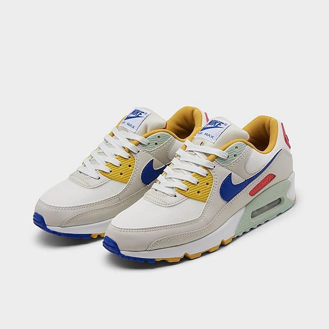 Three Quarter view of Women's Nike Air Max 90 SE Casual Shoes in Summit White/Lapis/Light Bone Click to zoom