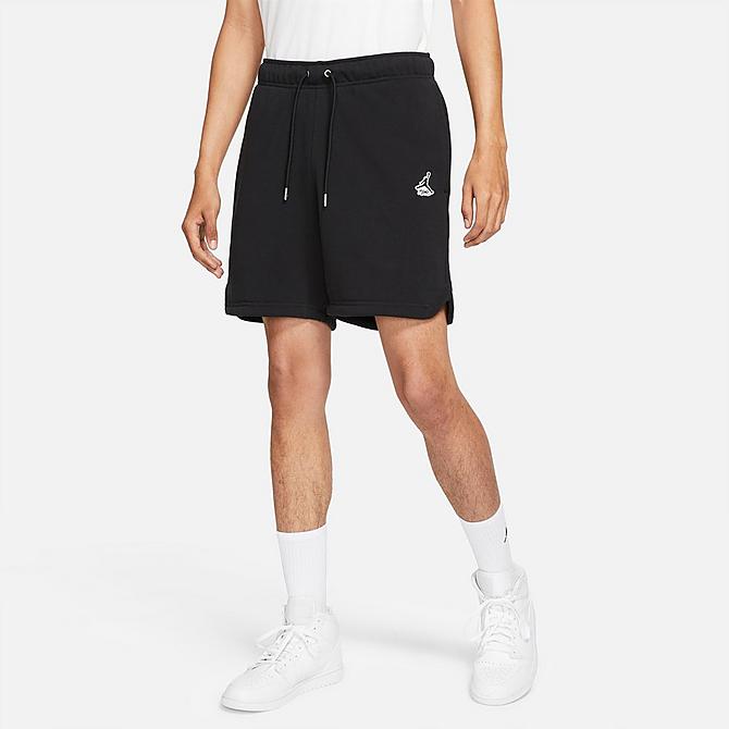 Front Three Quarter view of Men's Jordan Essentials Fleece Shorts in Black/Sail Click to zoom