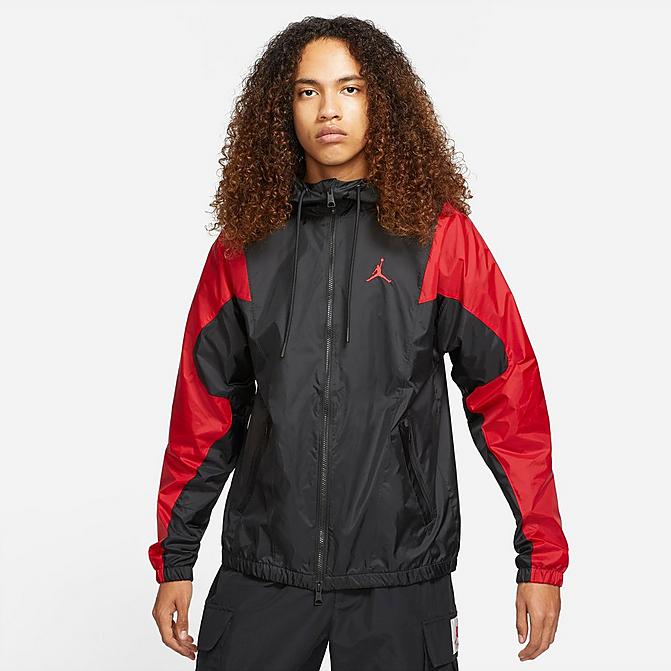 Front view of Men's Jordan Essentials Woven Jacket in Black/Gym Red Click to zoom