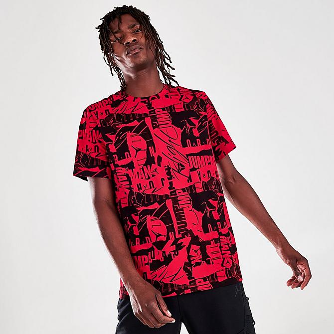 Back Right view of Men's Jordan Jumpman Flight All-Over Printed T-Shirt in Black/Gym Red Click to zoom