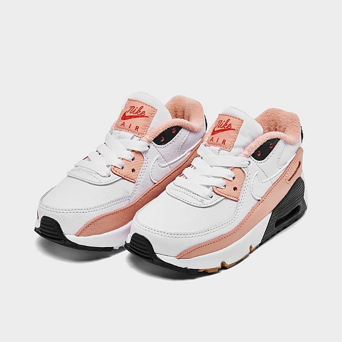 Three Quarter view of Kids' Toddler Nike Air Max 90 SE Casual Shoes in White/Pink Glaze/Chile Red/White Click to zoom