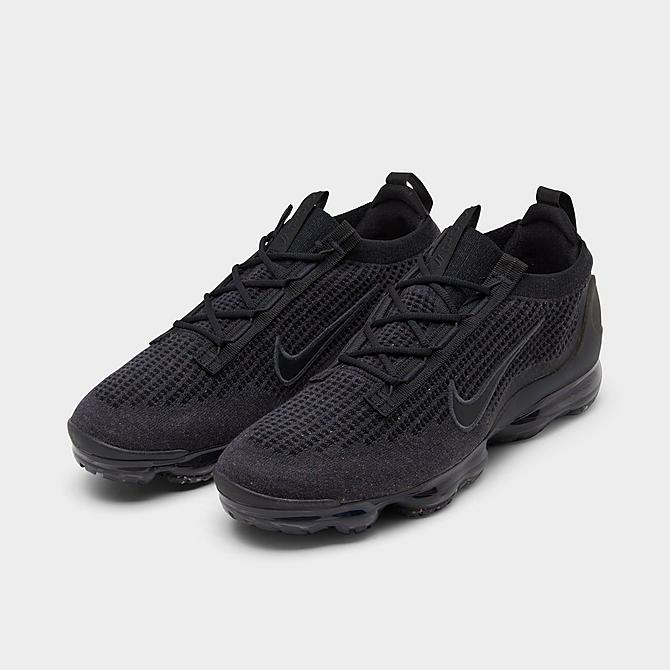 Three Quarter view of Big Kids' Nike Air VaporMax 2021 Flyknit Running Shoes in Black/Black/Black/Anthracite Click to zoom