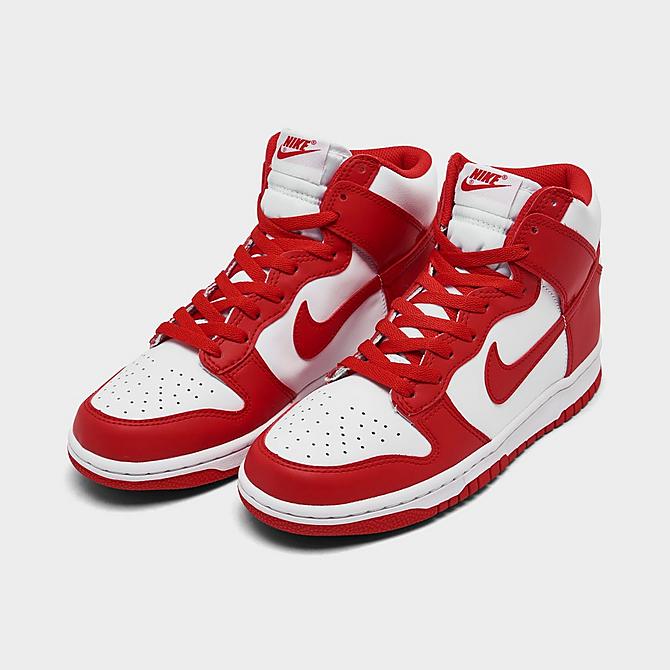 Three Quarter view of Big Kids' Nike Dunk High Casual Shoes in White/University Red Click to zoom