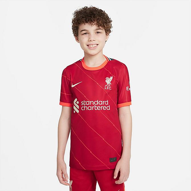 Front view of Kids' Nike Liverpool FC 2021/22 Stadium Home Soccer Jersey in Gym Red/Bright Crimson/Fossil Click to zoom