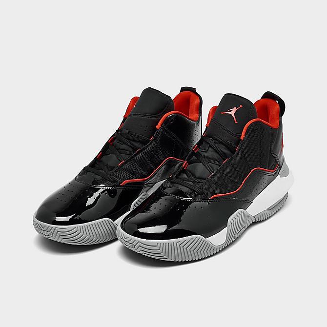 Three Quarter view of Men's Jordan Stay Loyal Basketball Shoes in Black/White/Wolf Grey/Chile Red Click to zoom