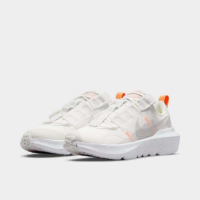 Three Quarter view of Big Kids' Nike Crater Impact Running Shoes in Summit White/Grey Fog/Platinum Tint/Photon Dust/White/Hyper Crimson Click to zoom