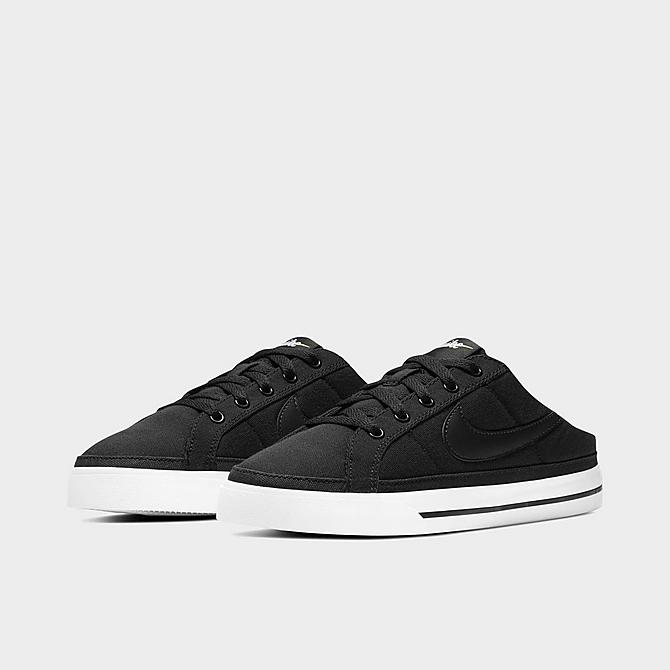 Three Quarter view of Women's Nike Court Legacy Mule Casual Shoes in Black/White/Gum Light Brown/Black Click to zoom