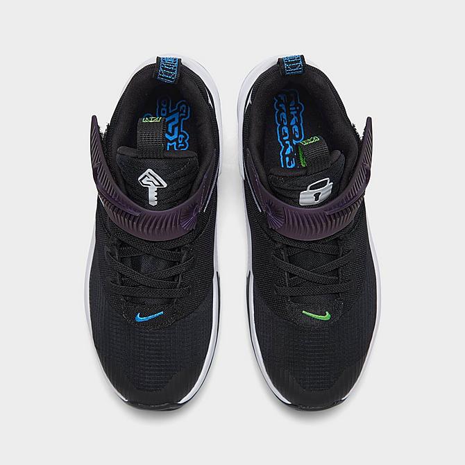 Back view of Little Kids' Nike Freak 3 Basketball Shoes in Black/Black/Light Photo Blue/White Click to zoom