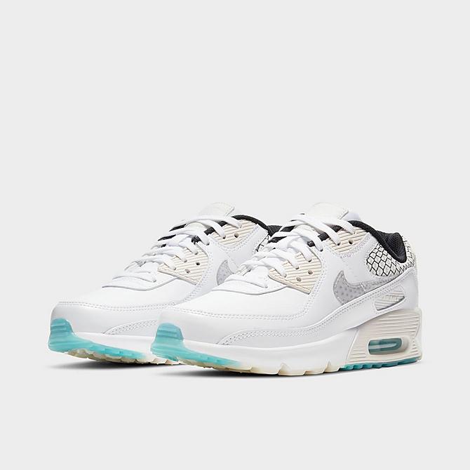Three Quarter view of Big Kids' Nike Air Max 90 SE 2 Casual Shoes in White/White-Platinum Tint-Glacier Ice Click to zoom