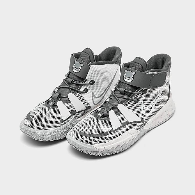 Three Quarter view of Little Kids' Nike Kyrie 7 SE Chip Basketball Shoes in Light Smoke Grey/White/Smoke Grey Click to zoom