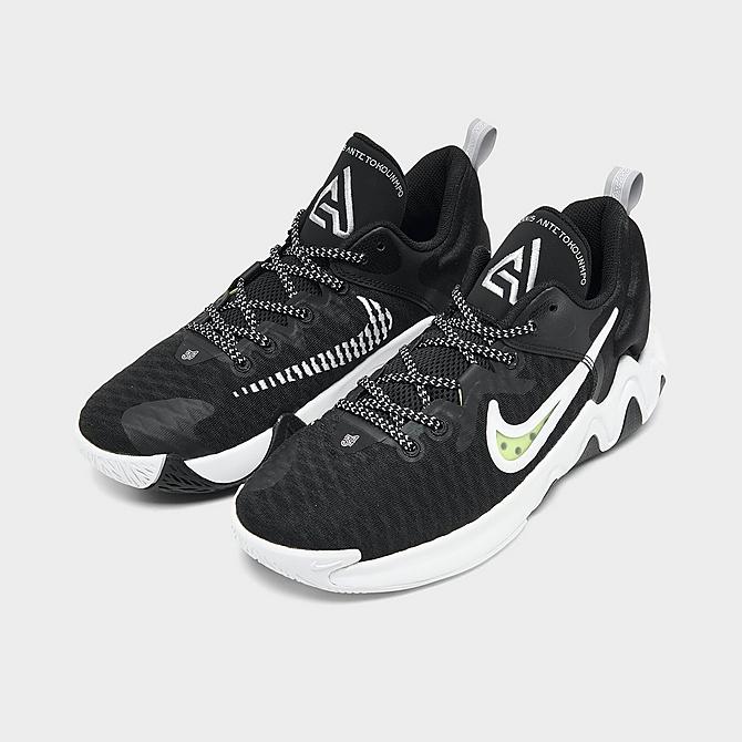 Three Quarter view of Big Kids' Nike Giannis Immortality Basketball Shoes in Black/Clear/White/Wolf Grey/Volt Click to zoom