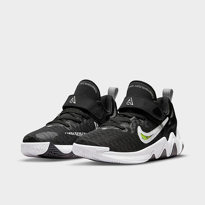 Three Quarter view of Little Kids' Nike Giannis Immortality Basketball Shoes in Black/Clear/White/Wolf Grey/Volt Click to zoom