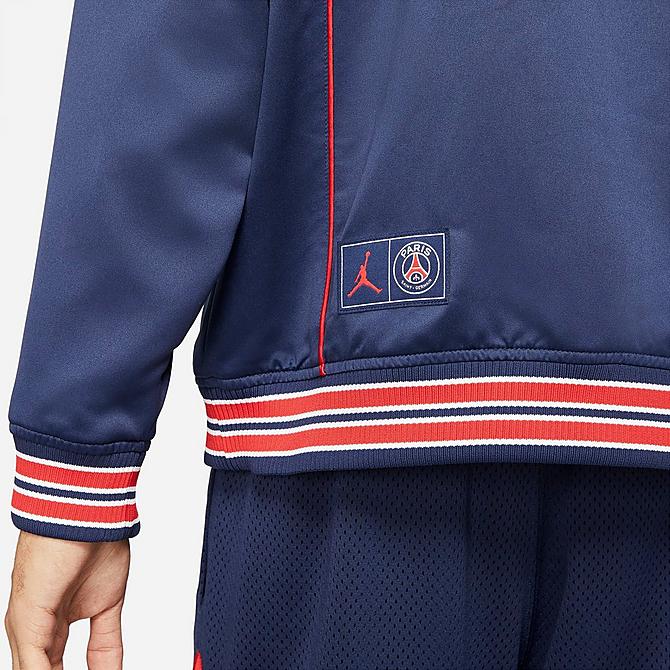 On Model 5 view of Men's Jordan Paris Saint-Germain Club Anthem Jacket in Midnight Navy/White Click to zoom