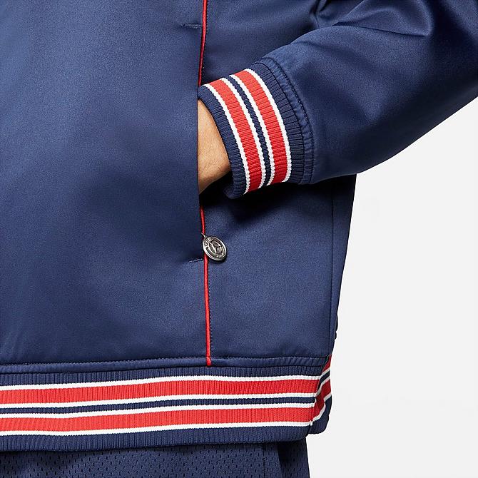 On Model 6 view of Men's Jordan Paris Saint-Germain Club Anthem Jacket in Midnight Navy/White Click to zoom