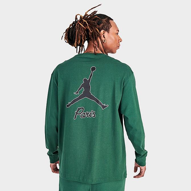 Front view of Men's Jordan Paris Saint-Germain Logo Long-Sleeve T-Shirt in Noble Green Click to zoom