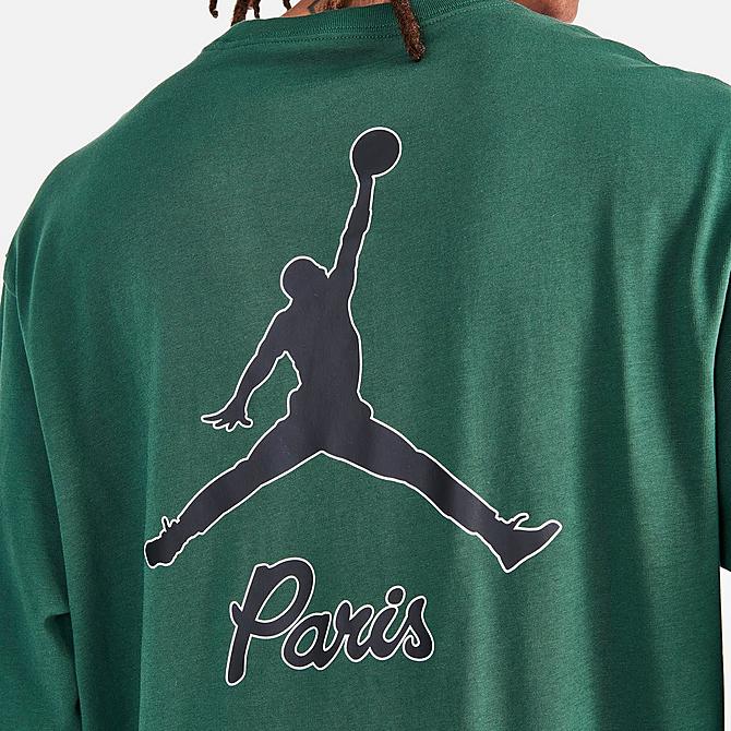 Back Right view of Men's Jordan Paris Saint-Germain Logo Long-Sleeve T-Shirt in Noble Green Click to zoom