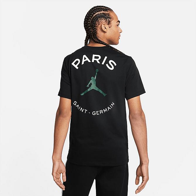 Back Left view of Men's  Jordan Paris Saint-Germain Logo Short-Sleeve T-Shirt in Black Click to zoom