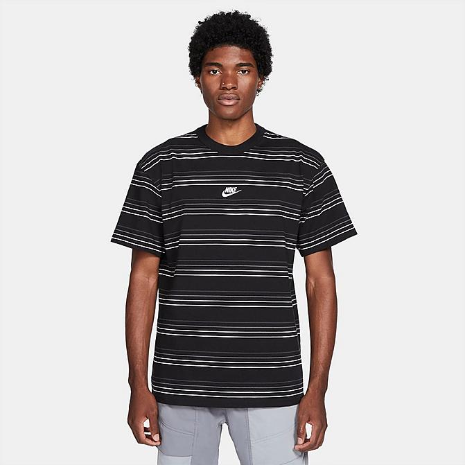 Front view of Men's Nike Sportswear Premium Essential Striped T-Shirt in Black Click to zoom
