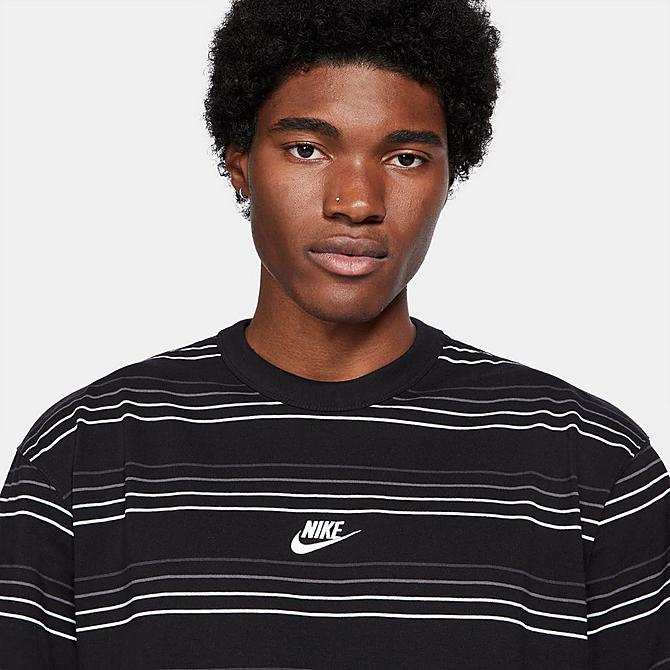 Back Right view of Men's Nike Sportswear Premium Essential Striped T-Shirt in Black Click to zoom