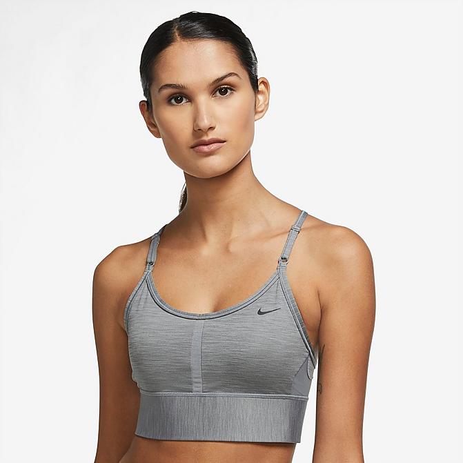 Front view of Women's Nike Dri-FIT Indy Longline Light-Impact Sports Bra in Smoke Grey/Pure/Black Click to zoom