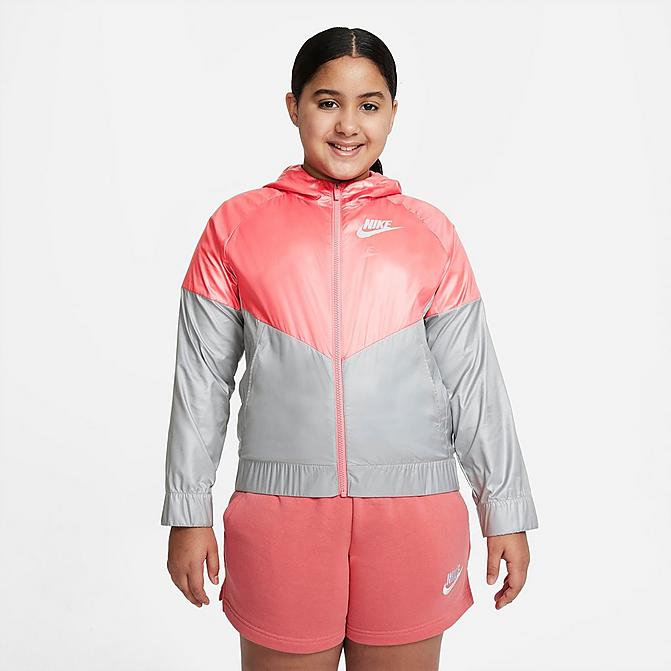 Front view of Girls' Nike Sportswear Windrunner Jacket (Plus Size) in Pink Salt/Light Smoke Grey/Light Smoke Grey Click to zoom