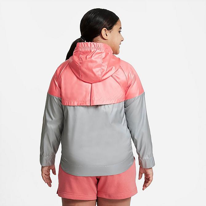Front Three Quarter view of Girls' Nike Sportswear Windrunner Jacket (Plus Size) in Pink Salt/Light Smoke Grey/Light Smoke Grey Click to zoom