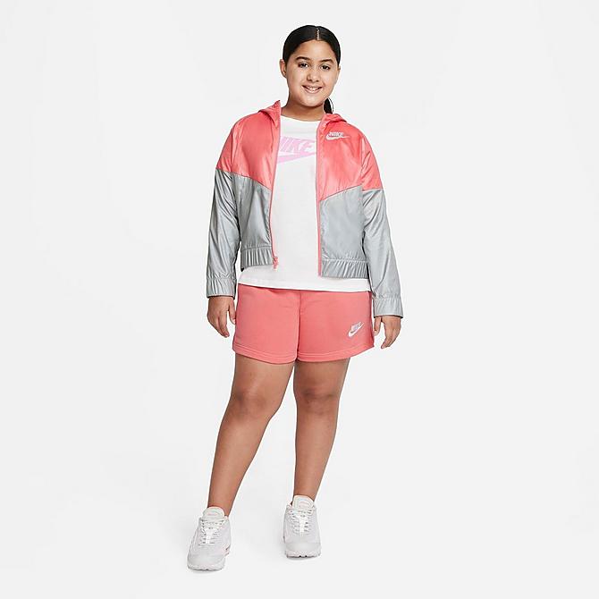 Back Left view of Girls' Nike Sportswear Windrunner Jacket (Plus Size) in Pink Salt/Light Smoke Grey/Light Smoke Grey Click to zoom
