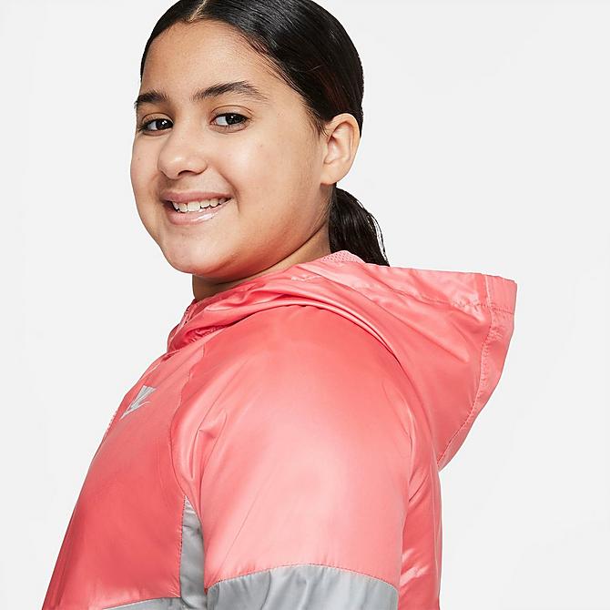 Back Right view of Girls' Nike Sportswear Windrunner Jacket (Plus Size) in Pink Salt/Light Smoke Grey/Light Smoke Grey Click to zoom