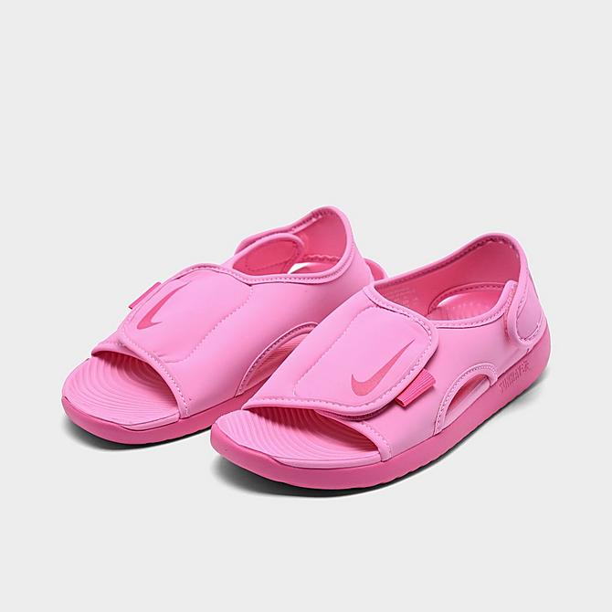Three Quarter view of Girls' Little Kids' Nike Sunray Adjust 5 V2 Casual Sandals in Psychic Pink/Laser Fuchsia Click to zoom