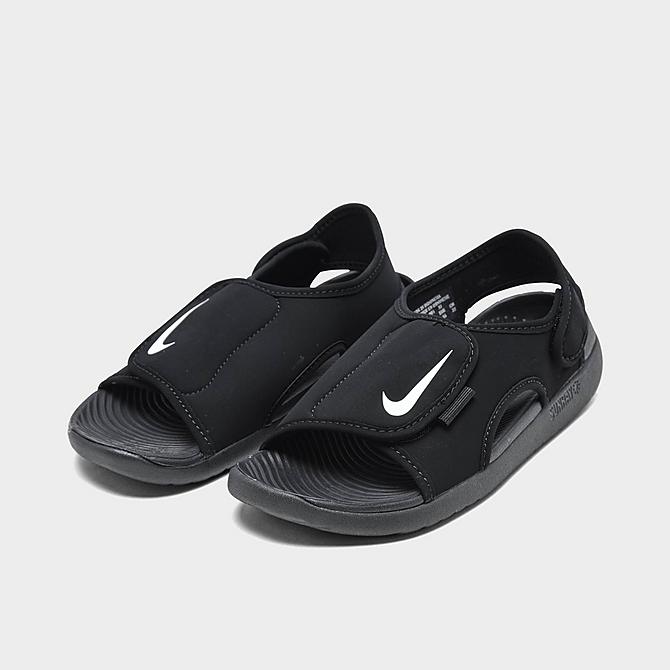 Three Quarter view of Boys' Little Kids' Nike Sunray Adjust 5 V2 Sandals in Black/White Click to zoom
