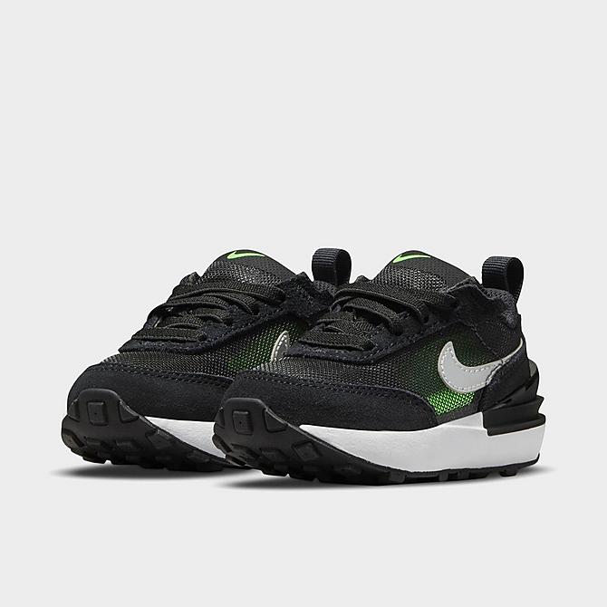 Three Quarter view of Kids' Toddler Nike Waffle One Casual Shoes in Dark Smoke Grey/Black/Green Strike/Chrome Click to zoom