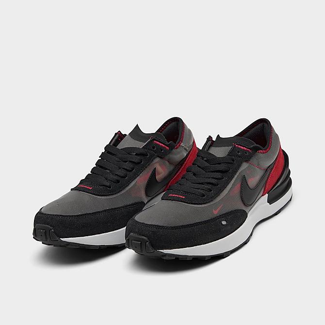 Three Quarter view of Big Kids' Nike Waffle One Casual Shoes in Flat Pewter/Black/Siren Red/Photon Dust Click to zoom