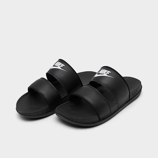Three Quarter view of Women's Nike Offcourt Duo Slide Sandals in Black/Black/White Click to zoom