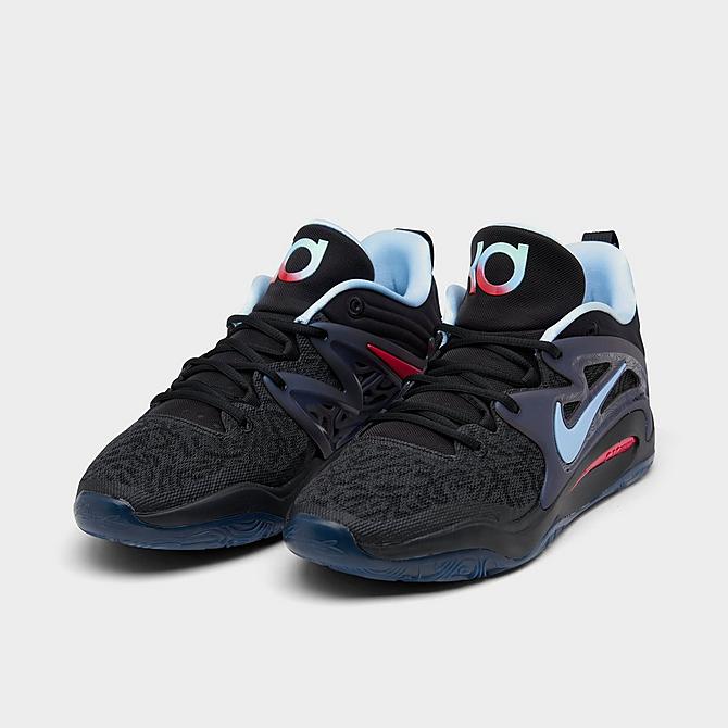 Three Quarter view of Nike KD15 Basketball Shoes in Black/Light Crimson/Royal Tint Click to zoom